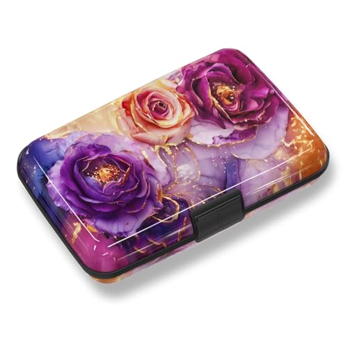 Credit Card Holder, Business Card Case Mini RFID Small Aluminum Card Wallet | Blocking Slim Metal RFID Blocking Front Pocket Wallet Hard Case Durable CC Holder for Women Girl, Purple Marble Flower - color: Purple Marble Flower