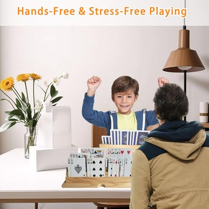 2PCS Card Holder Playing Cards 4-Slot Wooden Card Holder Playing Cards with Storage Bag Wooden Card Holders for Playing Card for Canasta and Bridge, Hands-Free Playing Card Holders for Adults, Kids, Seniors