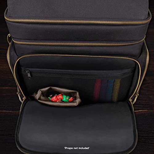 ENHANCE Tabletop DnD Bag - RPG Adventurer's Dungeons and Dragons Accessories Bag with Miniatures Storage, Mat Holder, DnD Dice & Token Pockets, Fits 4-8 DnD Books, DM Guide, Player's Handbook (Black) - color: Black And Bronze