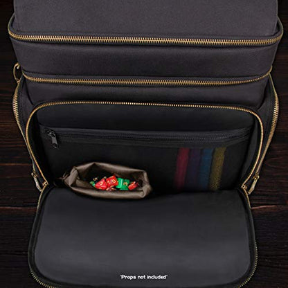 ENHANCE Tabletop DnD Bag - RPG Adventurer's Dungeons and Dragons Accessories Bag with Miniatures Storage, Mat Holder, DnD Dice & Token Pockets, Fits 4-8 DnD Books, DM Guide, Player's Handbook (Black) - color: Black And Bronze