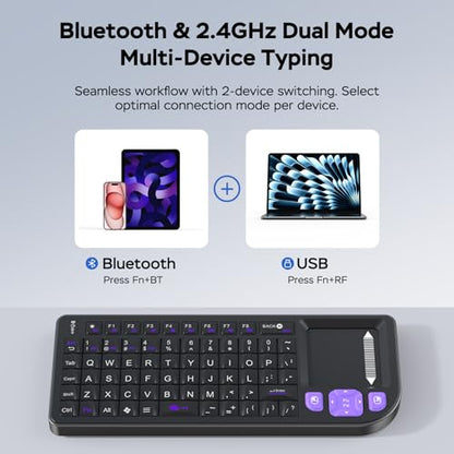 Mini Wireless Keyboard with Touchpad, Bluetooth 5.2 & 2.4G Dual Mode | 7-Color RGB Backlit, Rechargeable 1000mAh Battery, Aluminum Frame, Plug and Play, Perfect for Travel, Office, and Home - color: black