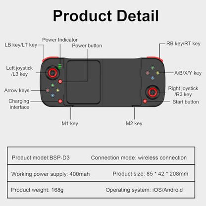 arVin Wireless Gaming Controller for iPhone/iPad/iOS/Android/Samsung/PC Gamepad Joystick with Back Button, Analog Triggers, Stretchable, Bluetooth 5.0 Low Latency, Direct Play for CODM,Diablo Immortal
