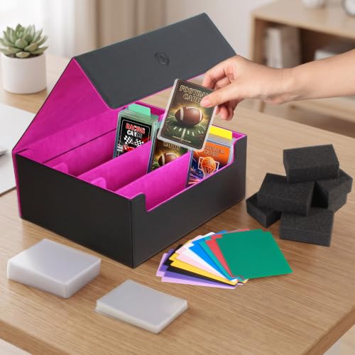 Trading Card Storage Box, Holds 1800 Sleeved Card, PU Magnetic Closure | 200 Toploaders and 600 Penny Sleeves INCLUDED, 10 Dividers and 6 Foam Stoppers INCLUDED, Fit for MTG, TCG and Sports Cards - color: Black and Fuchsia