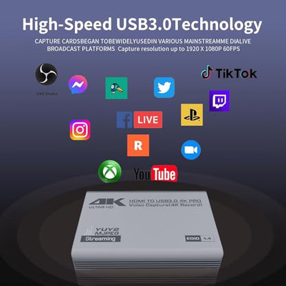 4K HDMI Video Capture Card with Loop-Out, USB 3.0, 1080P 60FPS/2K 30FPS, Audio & Video Streaming Capture Device for PS5, Switch, Camera, PC, Compatible with OBS