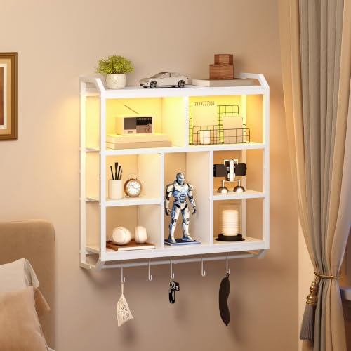 HOOBRO Gaming Floating Shelves with LED Light, 28.1" LED Wall Shelf White | 4-Tier Wall Mounted Shelves for Storage, Floating Wall Shelf Display Rack With Hanging Rod, for Bedroom Game Room Living Room - color: White