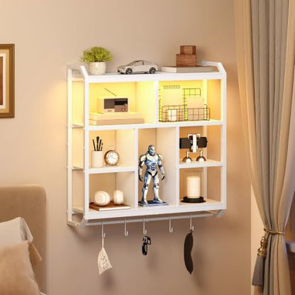 HOOBRO Gaming Floating Shelves with LED Light, 28.1" LED Wall Shelf White | 4-Tier Wall Mounted Shelves for Storage, Floating Wall Shelf Display Rack With Hanging Rod, for Bedroom Game Room Living Room - color: White