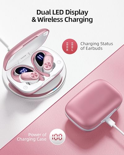 PocBuds Bluetooth Headphones Wireless Earbuds 80hrs Playtime Wireless Charging Case Digital Display Sport Ear Buds with Earhook Deep Bass IPX7 Waterproof Over-Ear Earphones for Phone Laptop Rose Gold - color: Rose Gold, style: Standard