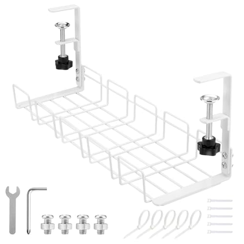 Under Desk Cable Management Tray, 15.7'' Metal Wire Organizer with Clamp, No Drill Desk Cord Rack for Cable Management, Computer Wire Organizer for Office and Home, Sturdy & Scratch-Free - color: White