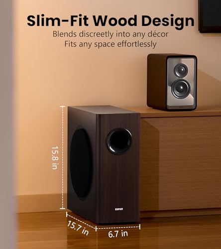 Edifier T5s Powered Active Subwoofer with 70W RMS, 8" Long-Throw Woofer, Deep Bass (35Hz) Speaker, Built-in Amp, Low Distortion, Phase Selector & Energy-Efficient for Home & Studio Audio, Brown - color: Brown