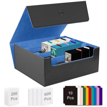 Trading Card Storage Box, Holds 1800 Sleeved Card, PU Magnetic Closure | 200 Toploaders and 600 Penny Sleeves INCLUDED, 10 Dividers and 6 Foam Stoppers INCLUDED, Fit for MTG, TCG and Sports Cards - color: Black and Blue
