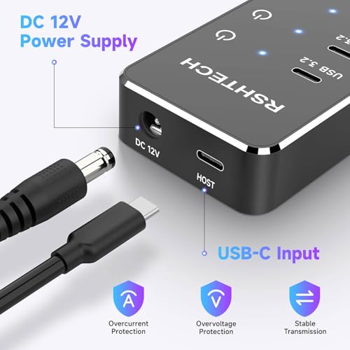 RSHTECH 10 Ports Powered USB 3.2/USB C Hub Splitter 60W with 3 x 10Gbps USB 3.2 Ports (2C + 1A),7 x USB 3.0 Ports (4C + 3A), 3.3ft Cable and Individual Touch Switches for Laptop PC