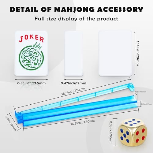 American Mahjong Tile Set, Mah Jong Set Complete with Bag, 166 White Tiles with Golden Dices for Travel, 4 All-in-One Mahjong Racks with Pushers (Blue) - color: Blue