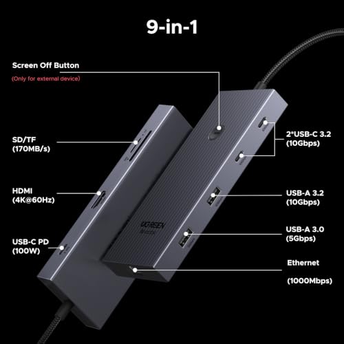 UGREEN Revodok Pro 9 in 1 USB C Hub Gigabit Ethernet Adapter 4K@60Hz HDMI | 100W PD Charging, USB A Data Ports, SD/TF Card Reader Compatible with MacBook Neo/Air/Pro M1, M2, M3,M4, M5,Steam Deck