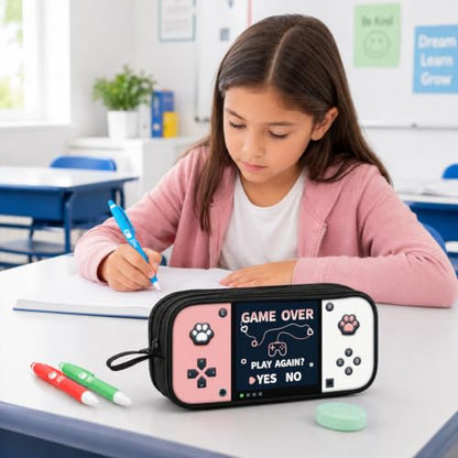 Game Controller Pencil Case for Boys Kids Teens, Large Capacity Pencil Pouch with 3 Compartments, 7 Pockets and Label Pocket for School College Office Travel (Pink & White) - color: Pink&White