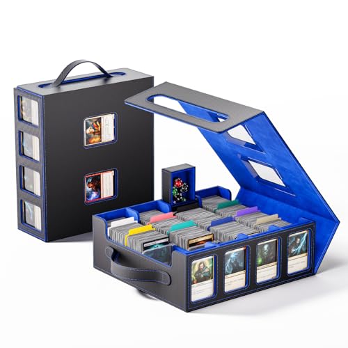 Trading Card Storage Box – 3500+ Magnetic MTG Deck Box with Handle,Commander & Toploader Display, Dice Box,4 Dividers & 30 Color Labels – Fits for TCG,MTG,Yu-Gi-Oh and Sport cards(Black/Blue) - color: Black/Blue