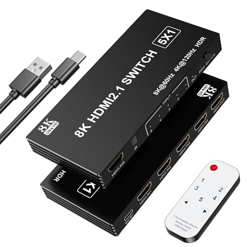 8K@60Hz HDMI 2.1 Switch 5 in 1, 4K@120Hz HDMI Switcher Selector with Remote, HDMI Splitter Support 48Gbps HDR 10+ Dolby Vision/Atmos HDCP 2.3 CEC for PS5 4 Xbox TV Game PC Roku