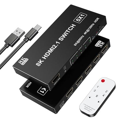 8K@60Hz HDMI 2.1 Switch 5 in 1, 4K@120Hz HDMI Switcher Selector with Remote, HDMI Splitter Support 48Gbps HDR 10+ Dolby Vision/Atmos HDCP 2.3 CEC for PS5 4 Xbox TV Game PC Roku