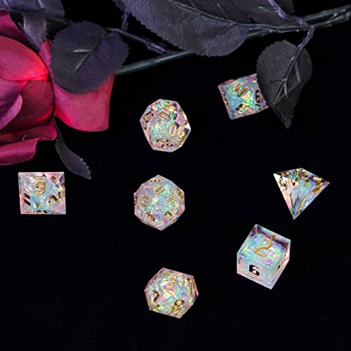 Cusdie Sharp Edges DND Dice, 7 PCs D&D Dice, Handcrafted Polyhedral Dice Set, for Dungeons and Dragon Role Playing Game(Transparent w/White Sparkle) - color: Transparent W/White Sparkle