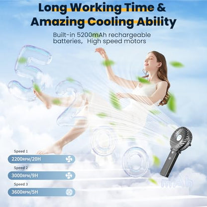 HandFan 5200mAh Portable Handheld Fan, Personal Hand Held Fan USB Rechargeable, 180° Foldable,3 Speeds Strong Airflow Cooling Fan for Travel/Outdoors/Beach/Concerts/Disney/Games/Picnics/Park (Black) - color: Clear‑Blade Matte Black