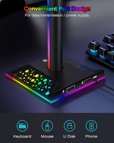 Hcman Headphone Stand Gaming Headset Holder RGB PC Gaming Accessories for Desk, Cool LED Headset Stand with 2 USB Charger for Gamer, Black | PC Accessories for Desk, Cool LED Headset Stand with 2 USB Charger for Gamer, Black
