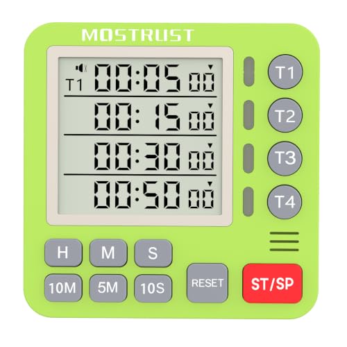 Digital Dual Kitchen Timer, Multiple Channels Countdown Timer for Cooking, Magnetic Memory-Preset Large Display Adjustable Alarm Volume, 3A Battery Included (Green, 4 Channels) - color: Green