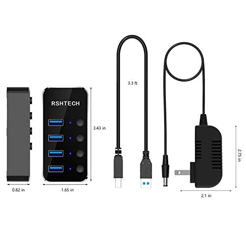 Powered USB Hub, RSHTECH 4 Port USB 3.0 Hub Splitter Portable Aluminum USB Data Hub Expander with Individual On/Off Switch and Universal 5V AC Adapter, 3.3ft USB 3.0 Cable (RSH-516) - size: 4-Port Powered USB Hub