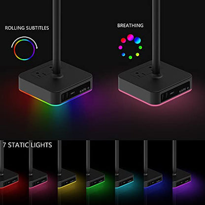KAFRI RGB Dual Headphone Stand with USB C Charger Desk Gaming Double Headset Holder Hanger Rack with 3 USB Charging Port and 2 Outlet - Suitable for Gamer Desktop Table Game Earphone Accessories Gift - color: B-DUAL STAND