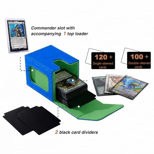 Venssu MTG Deck Box for Commander Display,Card Deck Box Fits 100 Double Sleeved Cards,TCG with 2 Dividers and 1 Toploader (Blue＆Green) - color: Blue＆Green