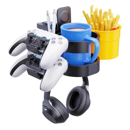 7-in-1 Desk Cup Holder - EURPMASK Organizer with Headphone, Controller Holder, Snack Bucket, and Phone Holder, Clamp-On Desk Accessory with Sturdy Large Storage, Easy to Install, Black - color: Black