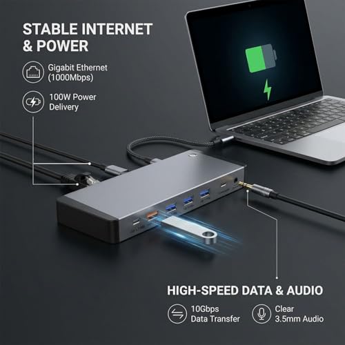 13-in-1 Laptop Docking Station 3 Monitors for Mac and Windows, USB C Hub with Triple 4K@60Hz (2DP+1HDMI), 100W PD Charging, One-Click Screen Off Switch, 10Gbps Data, Gigabit LAN, for Office and Gaming - style: 13 IN 1