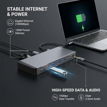 13-in-1 Laptop Docking Station 3 Monitors for Mac and Windows, USB C Hub with Triple 4K@60Hz (2DP+1HDMI), 100W PD Charging, One-Click Screen Off Switch, 10Gbps Data, Gigabit LAN, for Office and Gaming - style: 13 IN 1