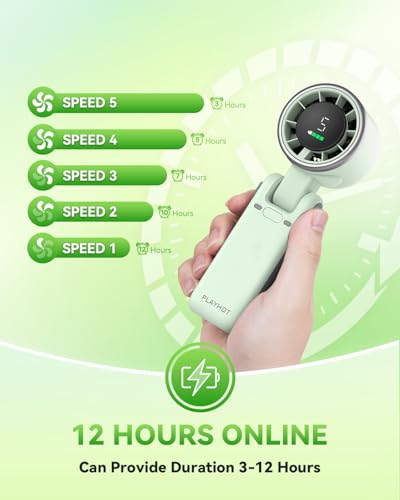 PlayHot Portable Handheld Turbo Fan, Travel Essentials, Gifts for Women/Men | 5-Speed, Up to 12H, 10m/s Airflow, USB-C Rechargeable, LED Display, 3-in-1 Foldable Personal Fan for Cruise, Beach, Vacation - color: Green