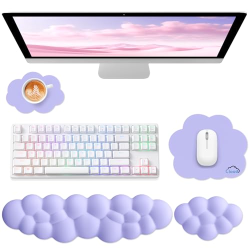 Sushret Cloud Wrist Rest for Computer Keyboard and Mouse Pad Set, Purple | Memory Foam, Leather, 4-in-1 Cloud Keyboard Wrist Rest Set with Ergonomic Support for Arm and Palm Cushion, Gaming/Work Setup - color: 04 Purple Set, size: Tenkeyless