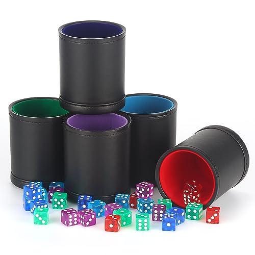 5 Pack PU Leather Dice Cups Velvet Felt-Lined Shaker Cups with 30 Dot Dice for Bar Party Yahtzee Farkle Dice Games - color: Multiple
