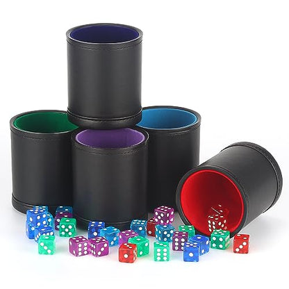 5 Pack PU Leather Dice Cups Velvet Felt-Lined Shaker Cups with 30 Dot Dice for Bar Party Yahtzee Farkle Dice Games - color: Multiple