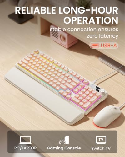 EWEADN Wired Keyboard and Mouse Combo with Detachable Wrist Rest, Quiet Ergonomic Keyboard Mouse Set with Multimedia Knob, RGB Backlit, Double-Shot Keycaps Natural Typing for Laptop, PC - Peach - color: Peach