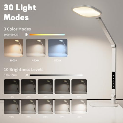LED Desk Lamp for Home Office, Soft Edge-lit Design, Modern Style | Professional Eye-Caring Diffused Light, Dimmable Computer Light with 30 Modes, Memory & Timer, Flexible Swing Arm Table Lamp - color: White
