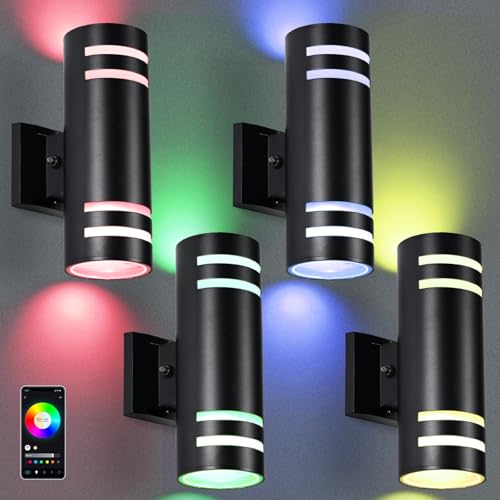 RGB Up and Down Lights Outdoor Wall Lights 4 Packs, Smart Color Changing Outdoor Wall Sconce WiFi Voice & App Control,Aluminum Waterproof Exterior Lights for Porch Compatible with Alexa - color: Black-Cylinder 2, size: 4 Pack