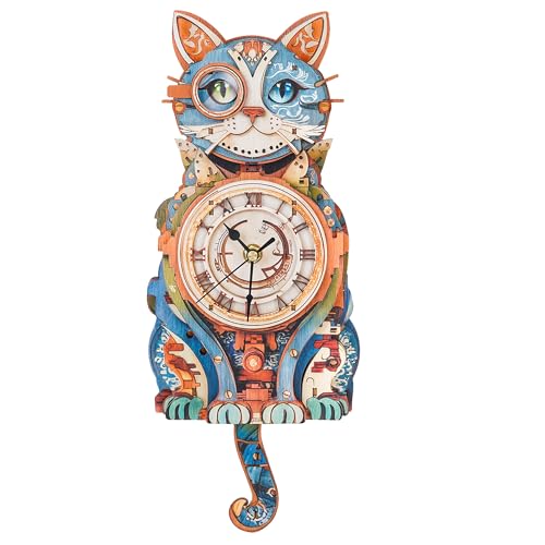KAAYEE 3D Puzzles for Adults Cat Clock DIY Wooden Puzzle Craft | Wooden Puzzles for Adults Clock Kit (with Pendulum) for Men Women Creative Gift Home Wall Decor Brain Teaser Christmas - color: Cat Clock