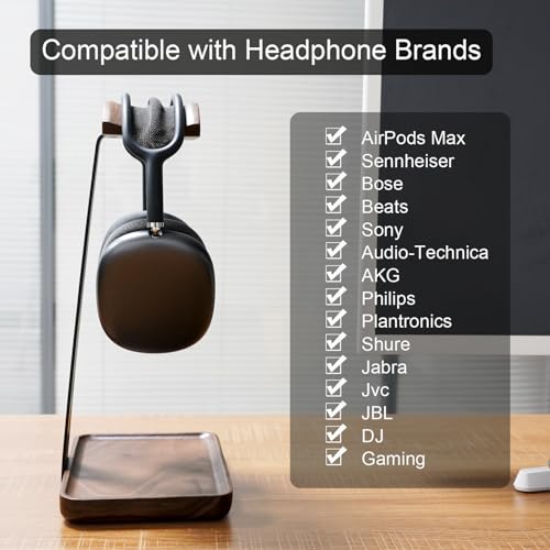 GEVO Headphone Stand, Walnut Wood Headset Stand with Controller Holder, Headphones Holder for Gaming, Office and Desk Compatible with AirPods Max, Bose, Sennheiser, Corsair
