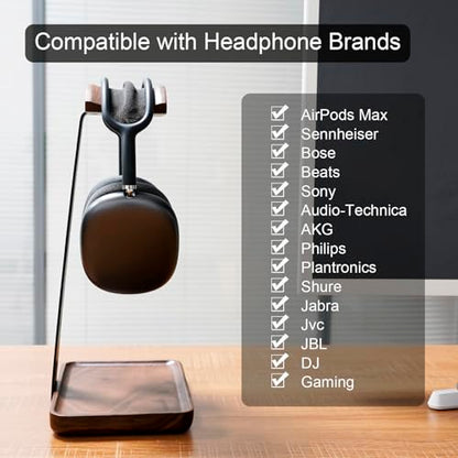 GEVO Headphone Stand, Walnut Wood Headset Stand with Controller Holder, Headphones Holder for Gaming, Office and Desk Compatible with AirPods Max, Bose, Sennheiser, Corsair