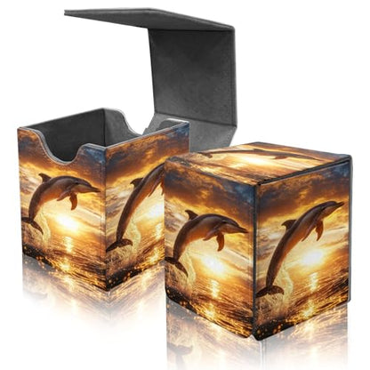 Card Deck Box for MTG Commander,Collectible Trading Storage Box Fits 120+ Single Sleeved Cards Magnetic Case PU Leather for Magic Commander TCG CCG MTG,Dolphin Ocean Sunset - color: Dolphin Ocean Sunset