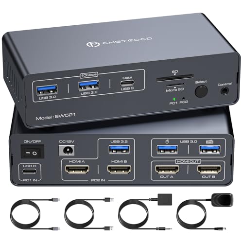 USB C KVM Switch 2 Monitors 2 Computers HDMI 4K60Hz EDID KVM Docking Station for 1 Laptop 1 Desktop Share Dual Monitor 13 in 1 Dock - color: Grey
