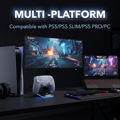 AureoPlay Wireless Controller Compatible with PS5/PS5 Slim/PS5 Pro/PC – RGB Gamepad with Hall Effect Joysticks, Dual Vibration, Six-Axis Motion Sensor, Touch Panel, Turbo & Programmable Buttons, Ergonomic Design