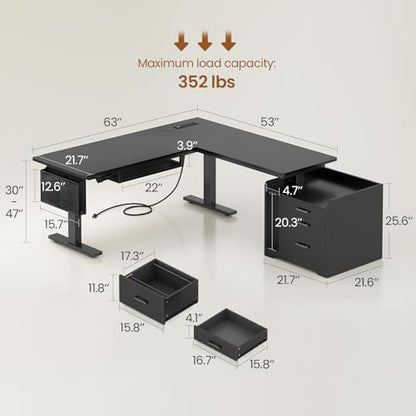 SEDETA L Shaped Standing Desk with File Cabinet, 3 Drawers, Power Outlet | 63 x 53'' Electric Height Adjustable Gaming Computer Desk with Led Lights for Home Office, Gaming Room, Black - color: Black, size: 63 x 53'' L Shaped Standing Desk