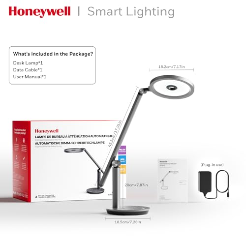 Honeywell H6 Desk Lamp for Home Office, Dimmable Reading Table Light, Gray | Sunturalux CRI≥97, RG0 Low Blue Light, Flicker-Free, 800LM Dimmable with Timer for Webcam, Study, Office & Bedroom - color: Gray