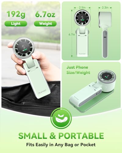 PlayHot Portable Handheld Turbo Fan, Travel Essentials, Gifts for Women/Men | 5-Speed, Up to 12H, 10m/s Airflow, USB-C Rechargeable, LED Display, 3-in-1 Foldable Personal Fan for Cruise, Beach, Vacation - color: Green