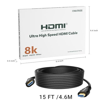Cratree HDMI Cable 15FT Long - Certified 8K Ultra High Speed HDMI Cable,48Gbps Braided HDMI Cord,8K 60hz,4K 120hz,eARC,HDCP 2.2&2.3 - Compatible for HDTV/PS5 - size: 15 FT