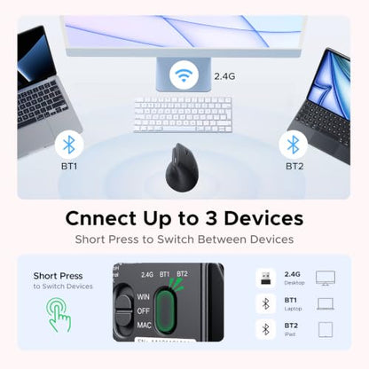 UGREEN Ergonomic Wireless Mouse, Bluetooth & 2.4G Wireless, Quiet Clicks | 1000/1600/2000/4000 DPI, Up to 3 Device Connectivity, 6 Buttons, Multi-system compatibility, for Laptop, Desktop, PC