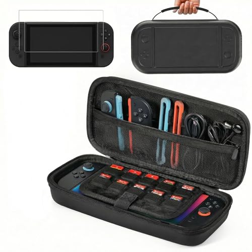 Carrying Case with Tempered Glass Screen Protector for Nintendo Switch 2, 10 Game Cartridges and Large Capacity for Accessories, Portable Hard Shell Handheld Travel Protective Pouch